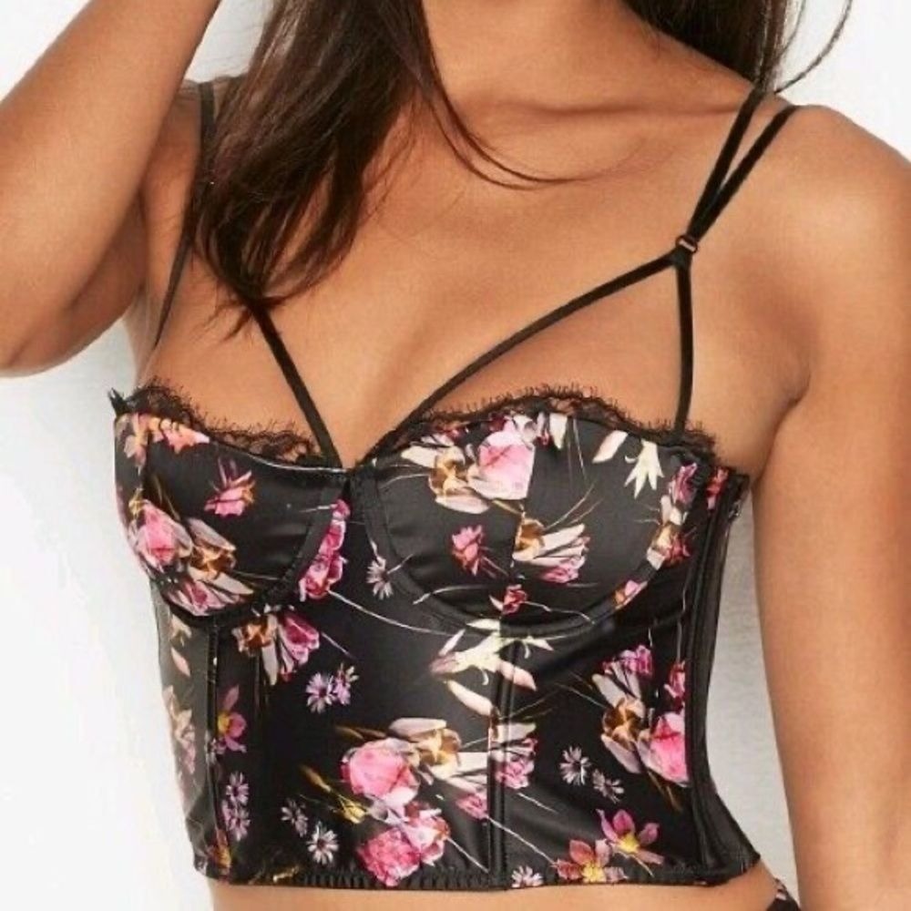 Victoria's Secret Corset Top Women 34C Black Floral Satin Lace Very Sexy Bustier